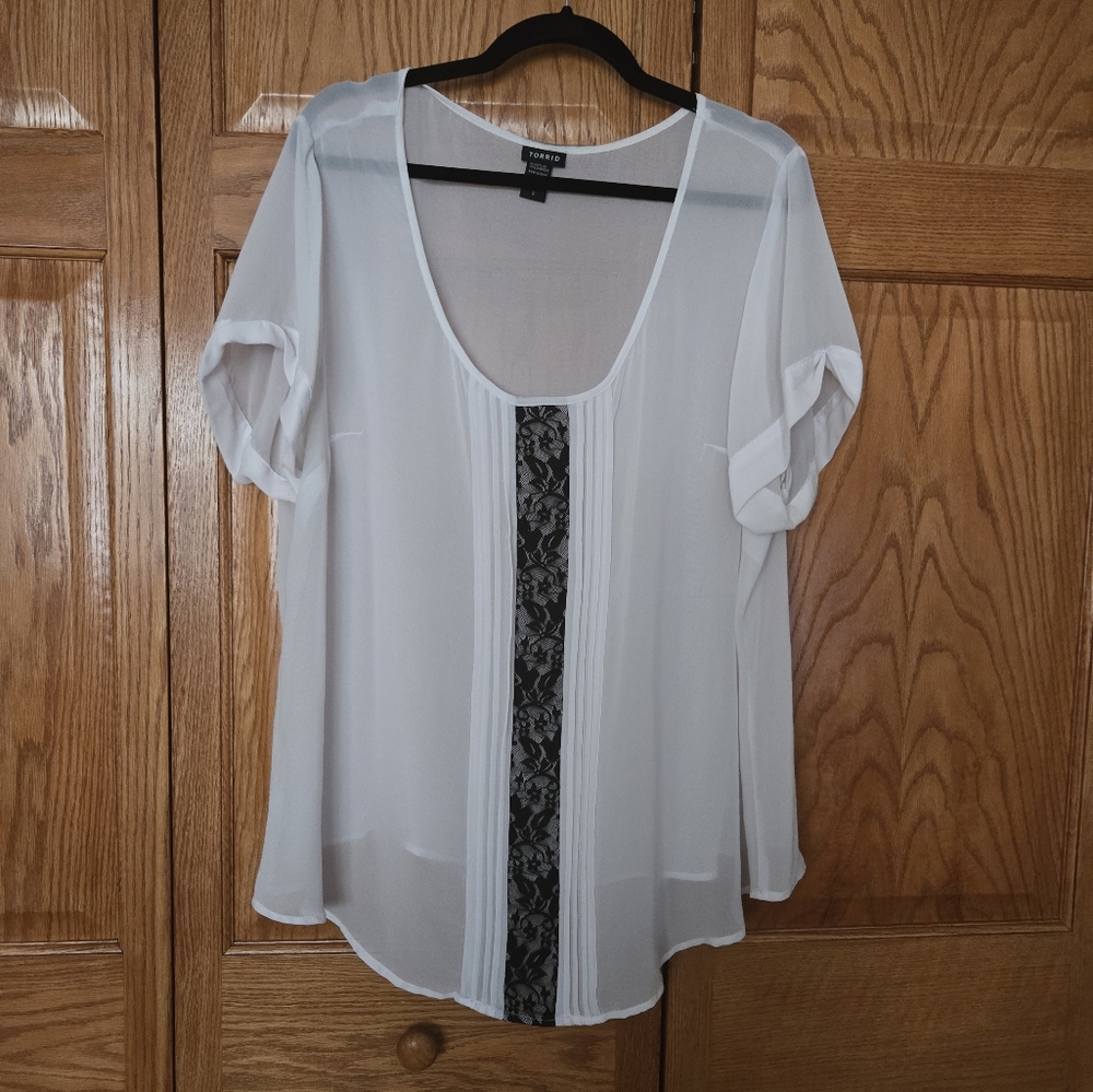 Torrid Plus Size Sheer White Asymmetrical Blouse with Black Lace
